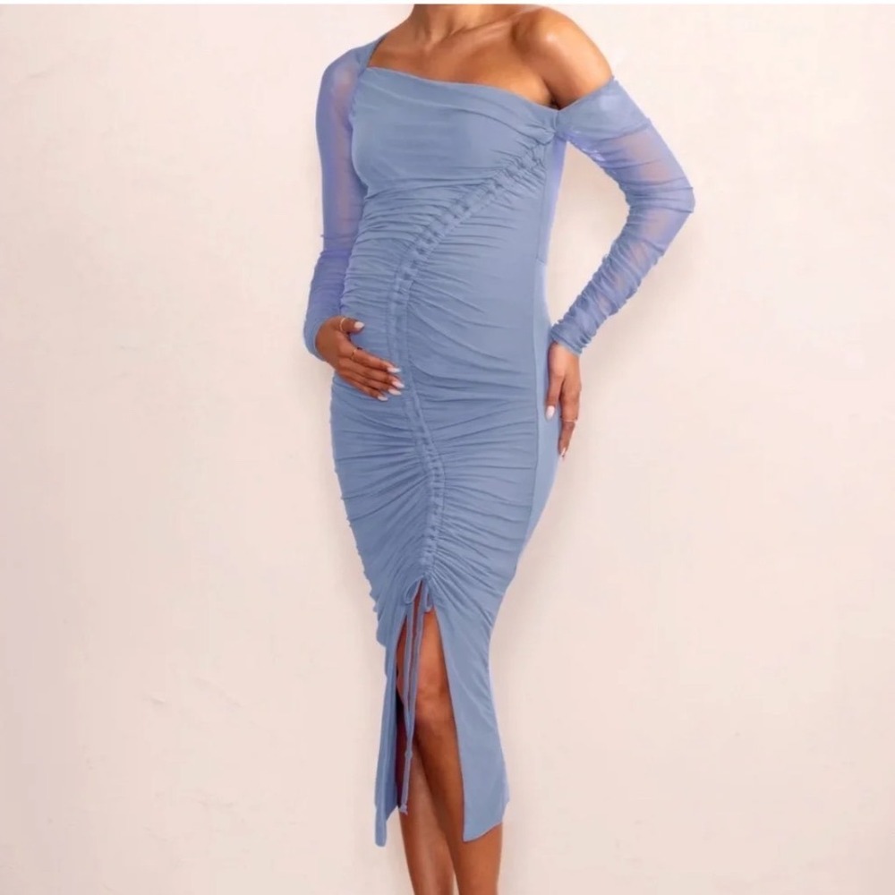 Club L London Maternity Blue Ruched Asymmetrical Mesh Midi Dress Size 10 Glam‎